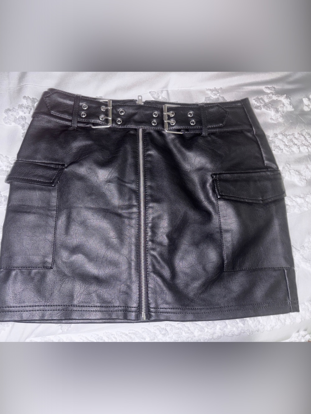 Faux Leather Black Cargo Mini Skirt with Belt